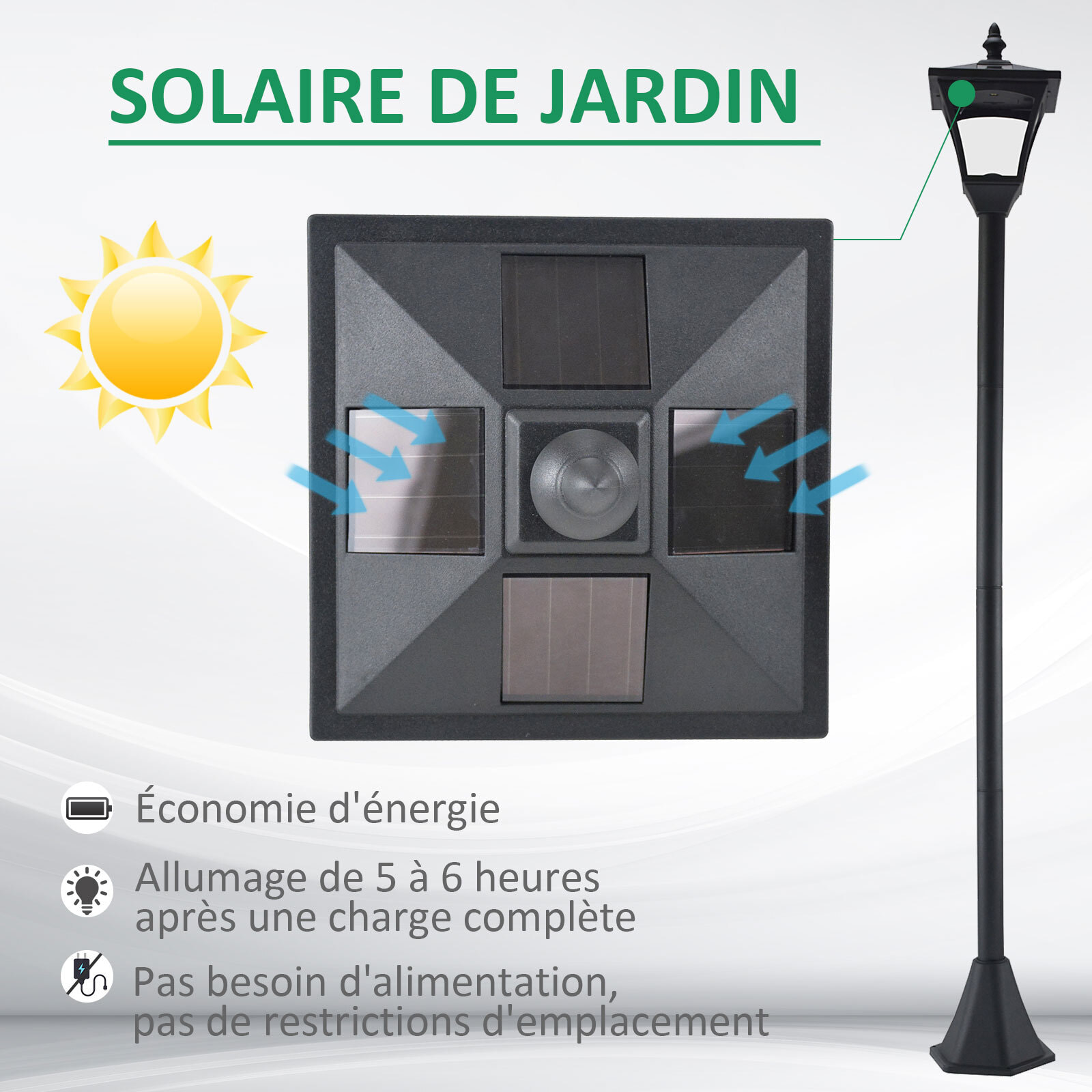 Outsunny Luminaire extérieur solaire lampadaire lanterne classique LED 10 Lm dim. 15L x 15l x 120H cm noir