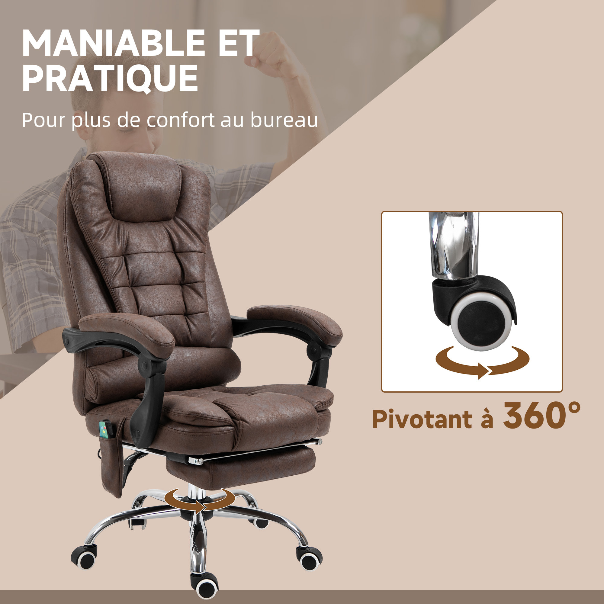 Fauteuil de bureau direction massant chauffant hauteur réglable dossier inclinable repose-pied rétractable tissu technique marron