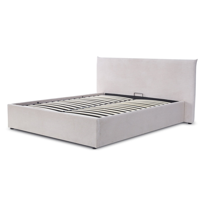 Somnus - Letto matrimoniale contenitore imbottito in velluto a coste, rete a doghe 160x200 cm, colore beige