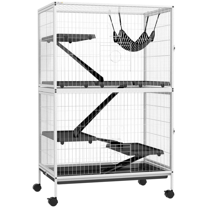 Jaula para Animales Pequeños de 4 Niveles Jaula para Roedores con Ruedas Rampas Hamaca Colgante y Bandeja Extraíble Recinto para Conejos Chinchillas Hurones 80x52x128 cm Blanco