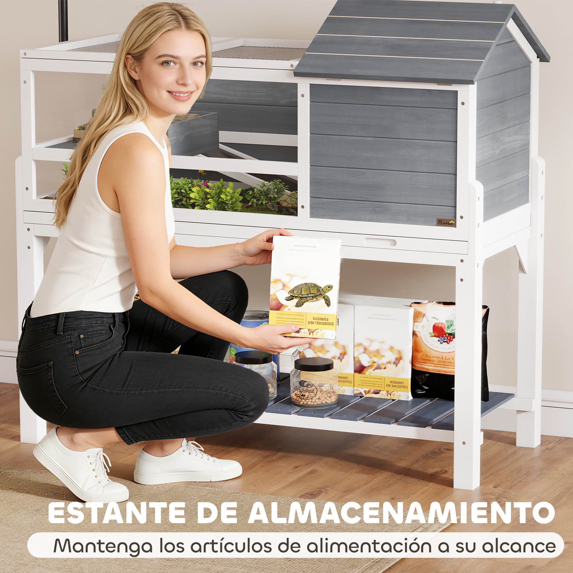 Casa para Tortugas de Madera, Terrario para Reptiles con Soporte para Lámpara Ajustable, Techos Abatibles, Bandeja Extraíble, Estante de Almacenaje y Paneles Transparentes, Caseta para Tortugas