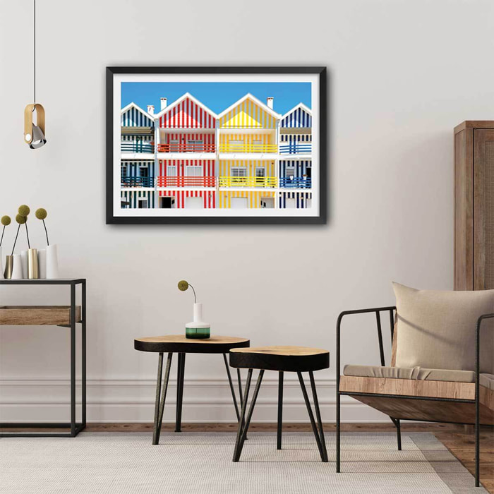 Affiche welcometoportugal houses of striped colors Affiche + cadre en bois - Noir