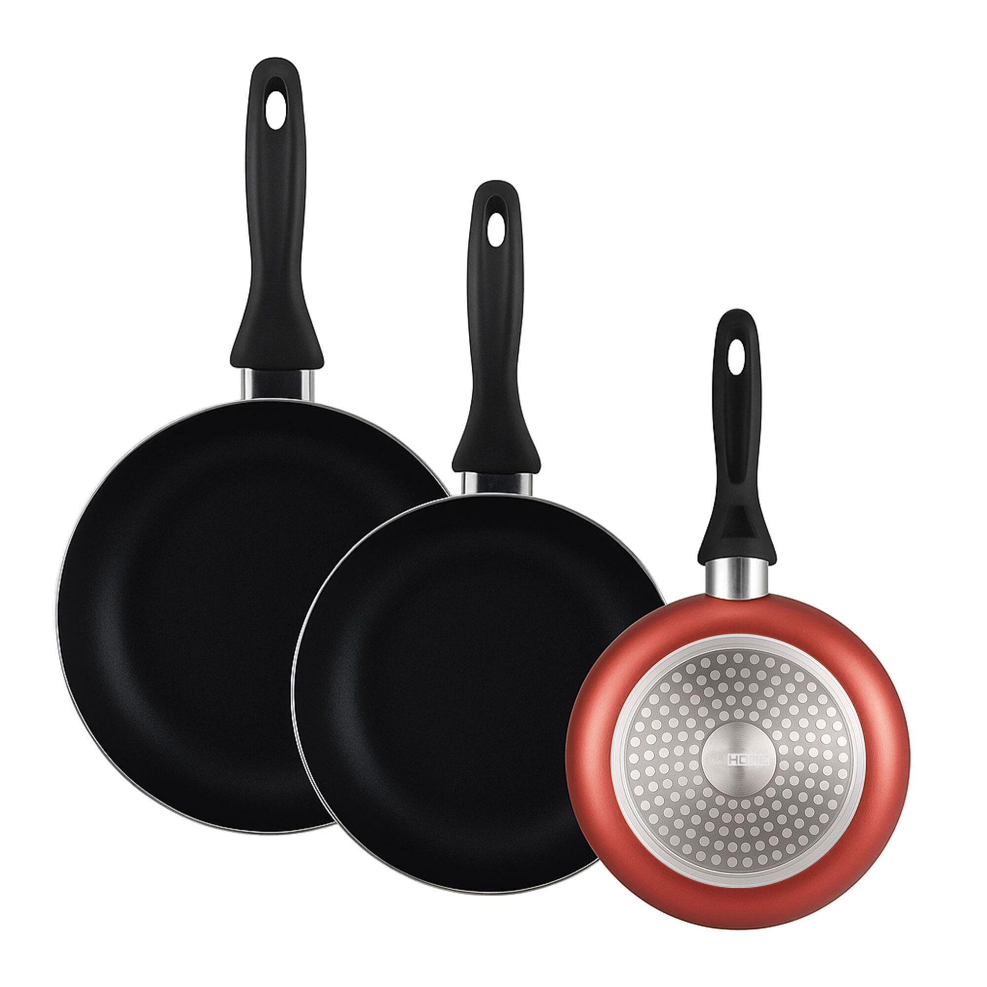 set de batería de cocina de 8pc en acero inoxidable + 3 sartenes ø16ø20ø24cm cobre metalizado en aluminio prensado