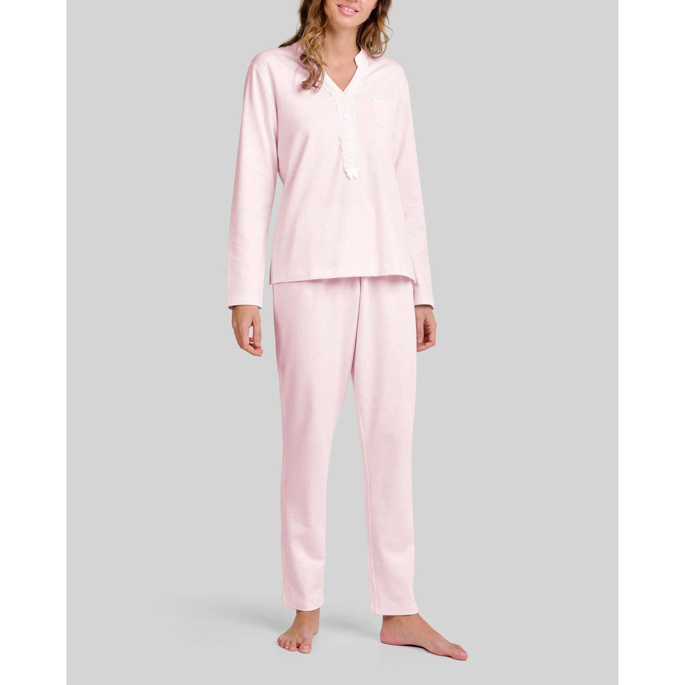 Pijama mujer con detalle de encaje en la abertura de botones con cómoda manga larga y pantalón largo