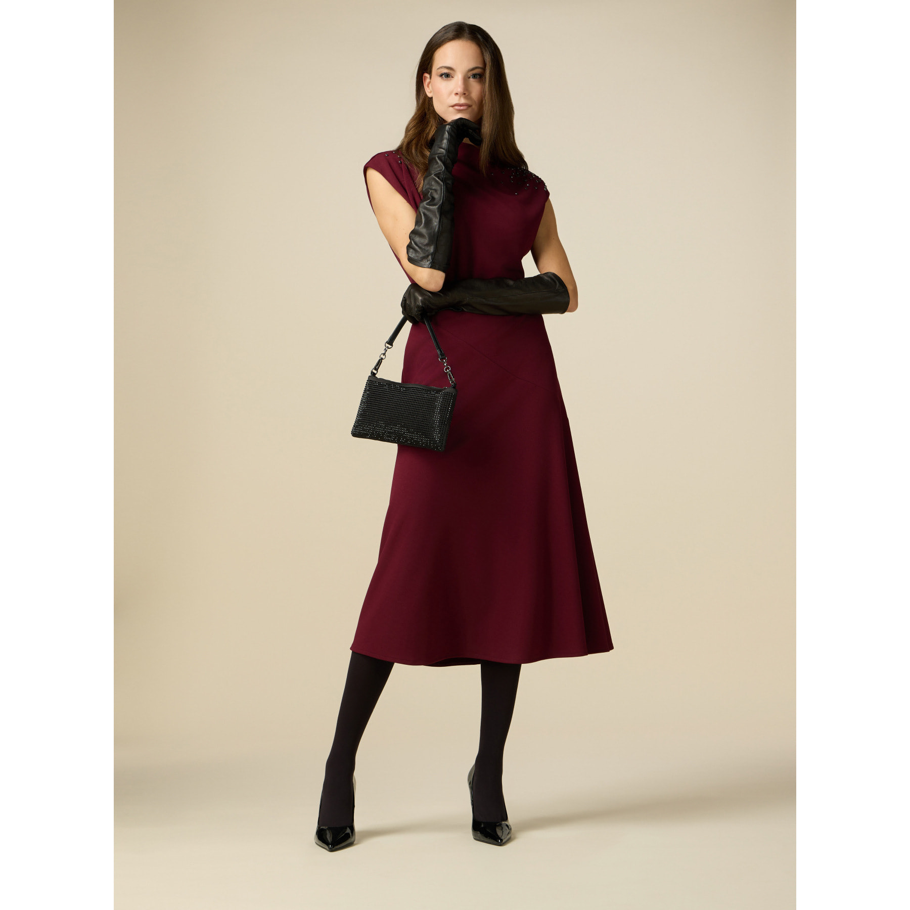Oltre - Scuba fabric midi dress with bezels - Burgundy