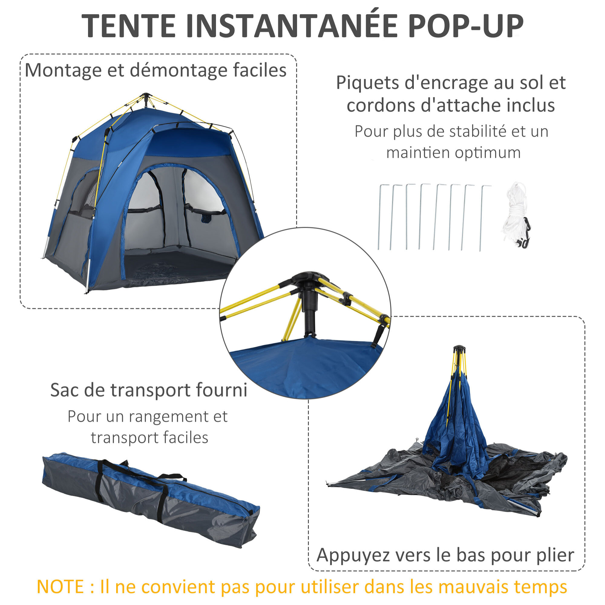 Tente de camping familiale 4 personnes montage instantanée pop-up 4 fenêtres pare-soleil dim. 2,4L x 2,4l x 1,95H m fibre verre polyester bleu anthracite
