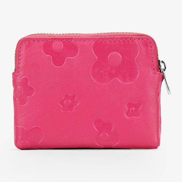 Monedero pequeño rosa en piel con flores y cremallera