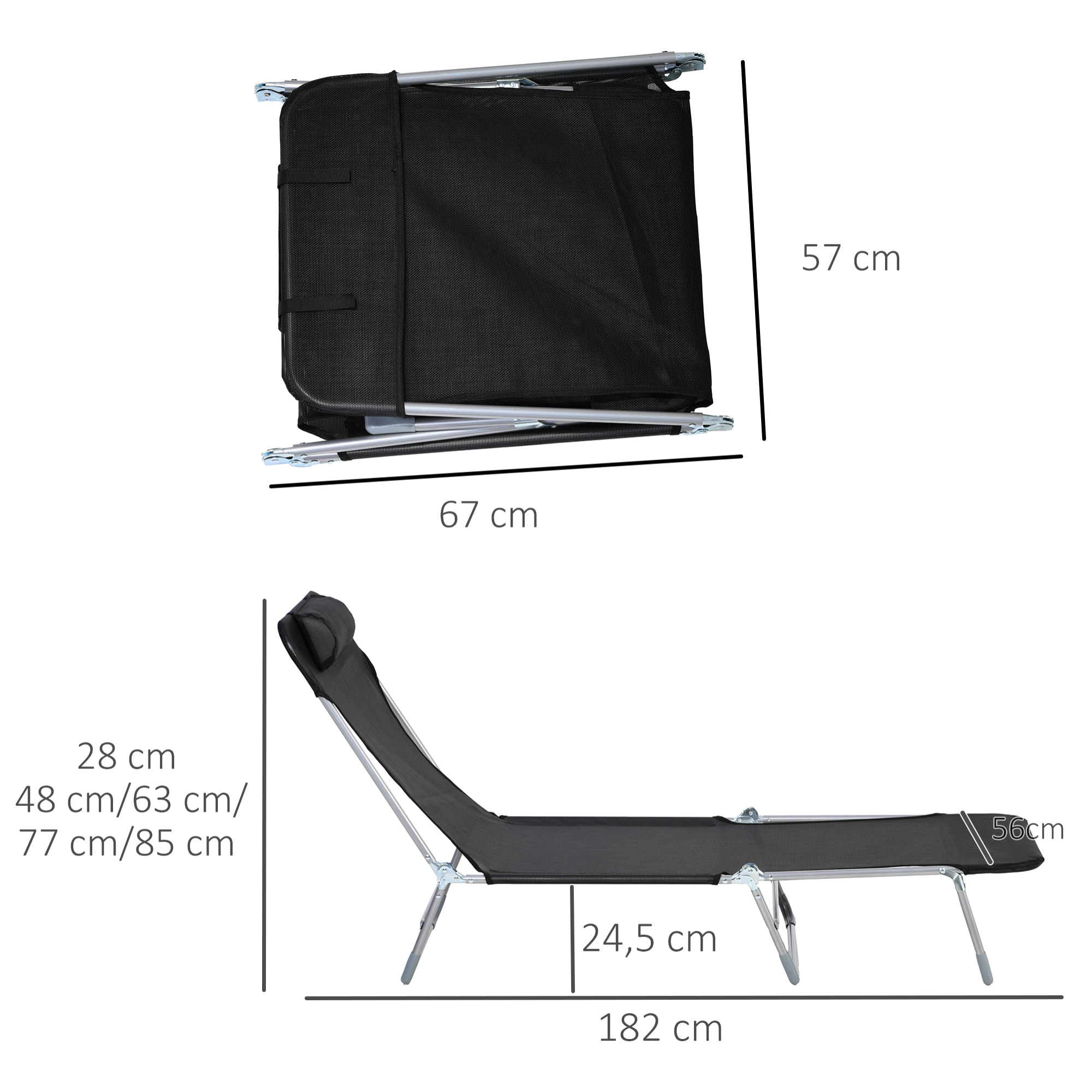 Bain de soleil transat pliable dossier réglable 5 positions acier teslin noir