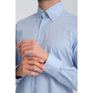 Camicia Uomo 2 Bottoni Button Down Slim Popeline Stretch Unito Celeste
