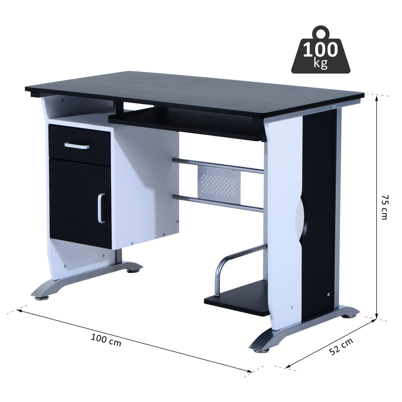 Bureau informatique design en mdf 100 L x 52 I x 75H cm noir et blanc