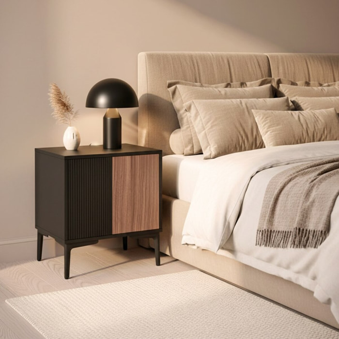 Comodino camera da letto moderno in legno noce e nero 44x40x52