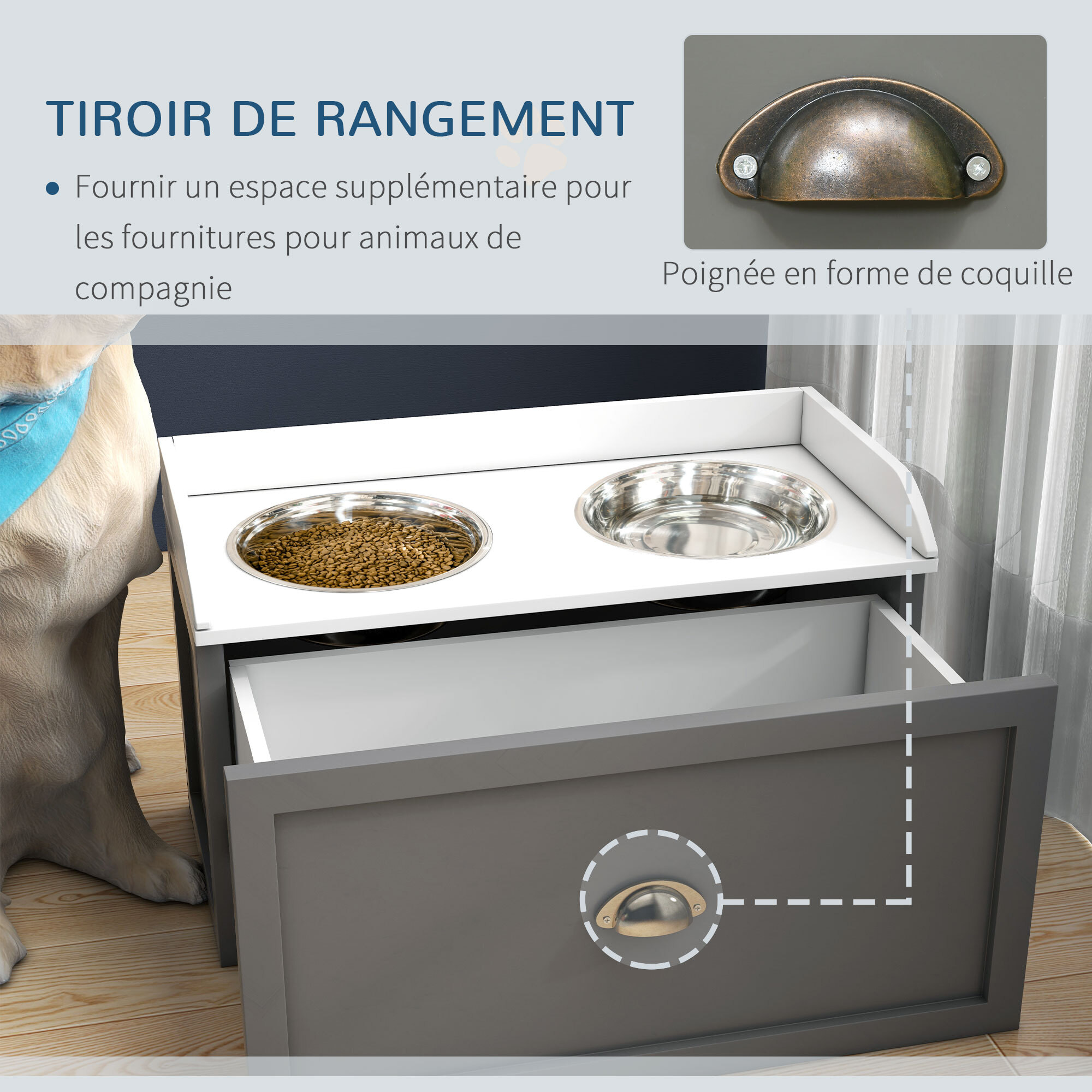 Gamelle double chien chat - porte-gamelles surélevé rangement 2 en 1 - tiroir, 2 gamelles - acier inox. MDF gris blanc