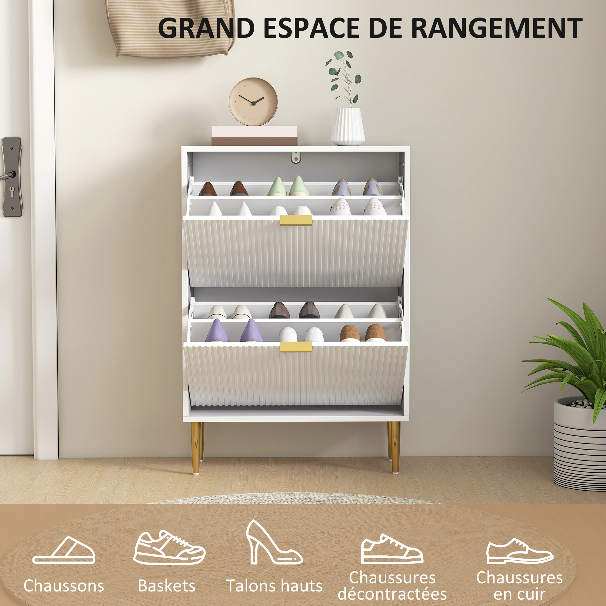 Meuble à chaussures style Art déco 2 portes piètement poignées métal doré 60 x 24 x 91,5 cm blanc