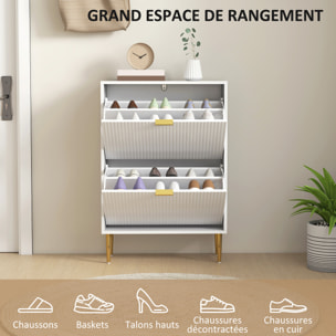 Meuble à chaussures style Art déco 2 portes piètement poignées métal doré 60 x 24 x 91,5 cm blanc