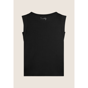 T-shirt con maniche in tessuto crinkle e scritta gioiello