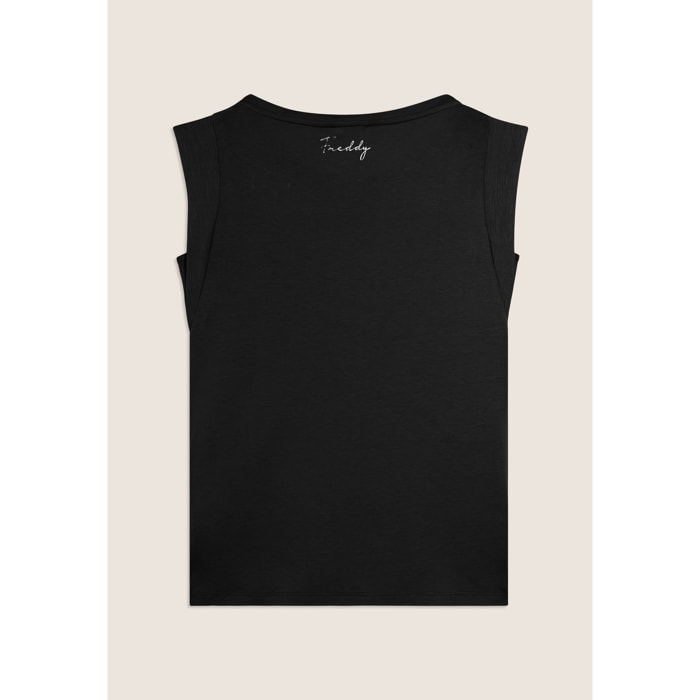 T-shirt con maniche in tessuto crinkle e scritta gioiello