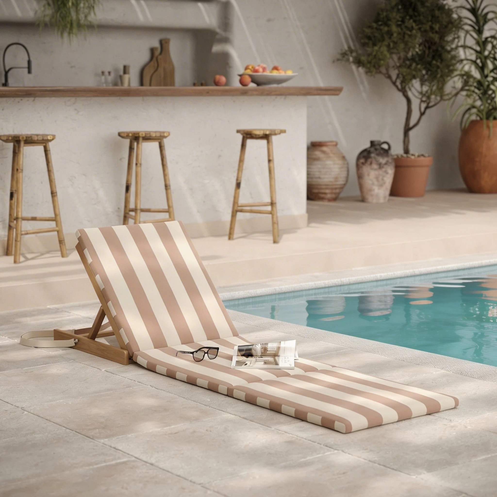 Chaise longue de plage pliable en tissu rayé écru et taupe - Balabac