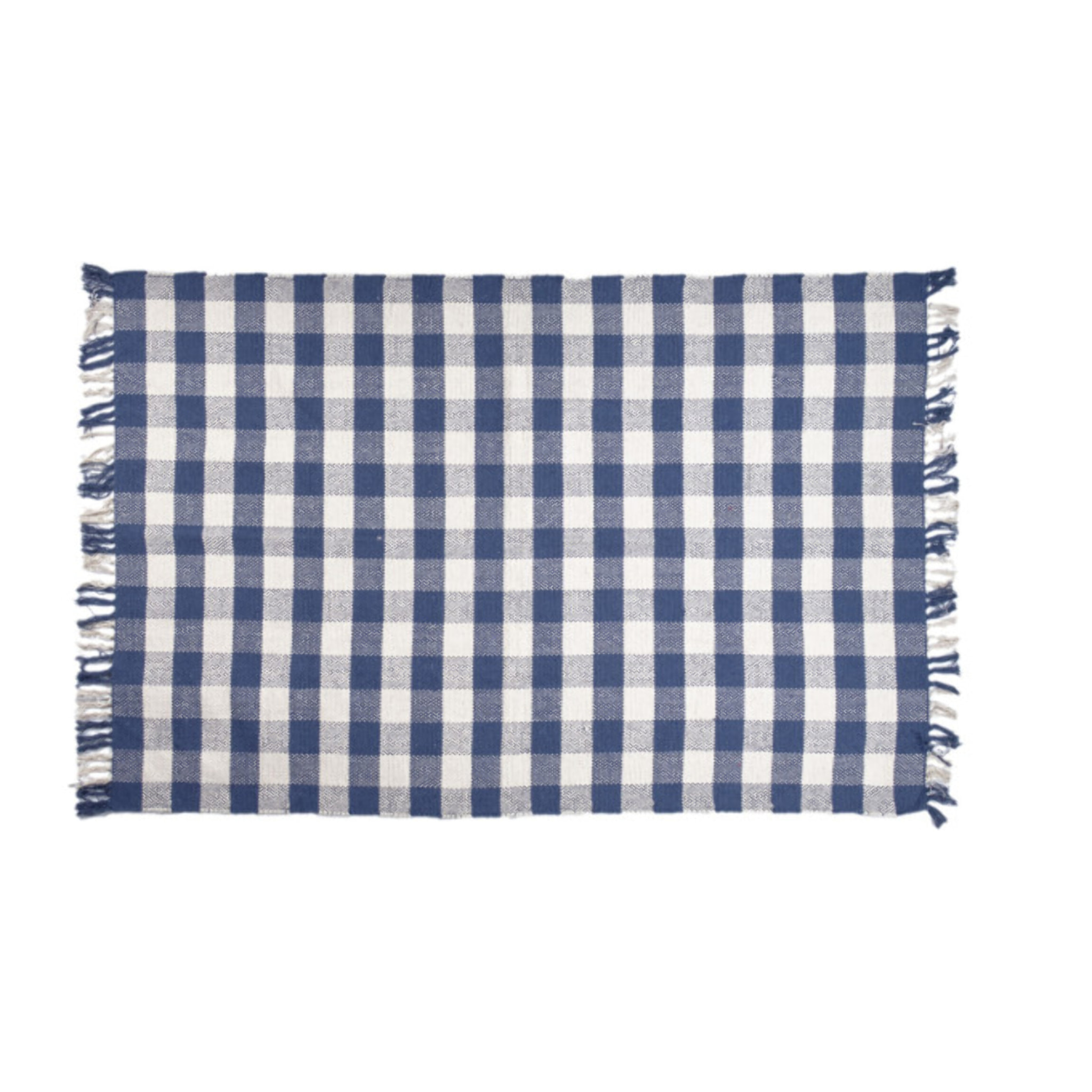 Tapis en coton avec carreaux bleu et blanc et franges - DENIM