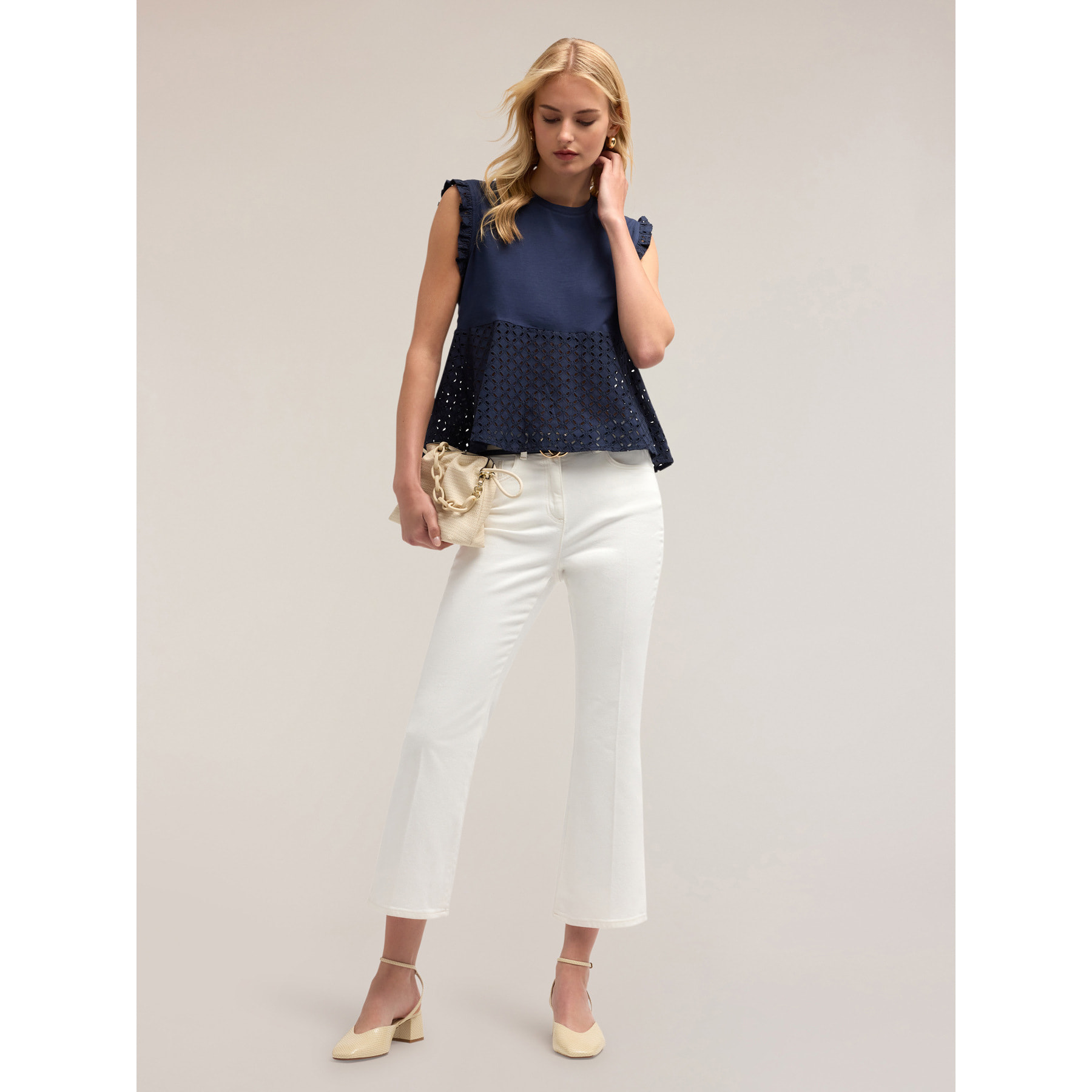 Motivi - Camiseta sin mangas con inserto de bordado inglés - Azul