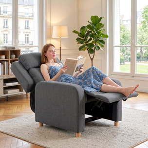 Sillón Relax Reclinable, Sillón Reclinable Manual, Tapizado en Lino, Instalación Rápida, Reposapiés, Muelles Ensacados, Respaldo Alto Grueso y Patas de Madera para Salón, Oficina, Gris Oscuro