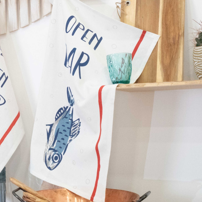 Lot de 3 torchons message poissons en coton - Ecru