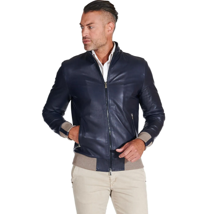 Giubbotto bomber in pelle naturale blu lana a contrasto beige