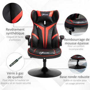 Fauteuil gaming base ronde métal pivotante 360° hauteur réglable tétière accoudoirs relevables PVC rouge noir