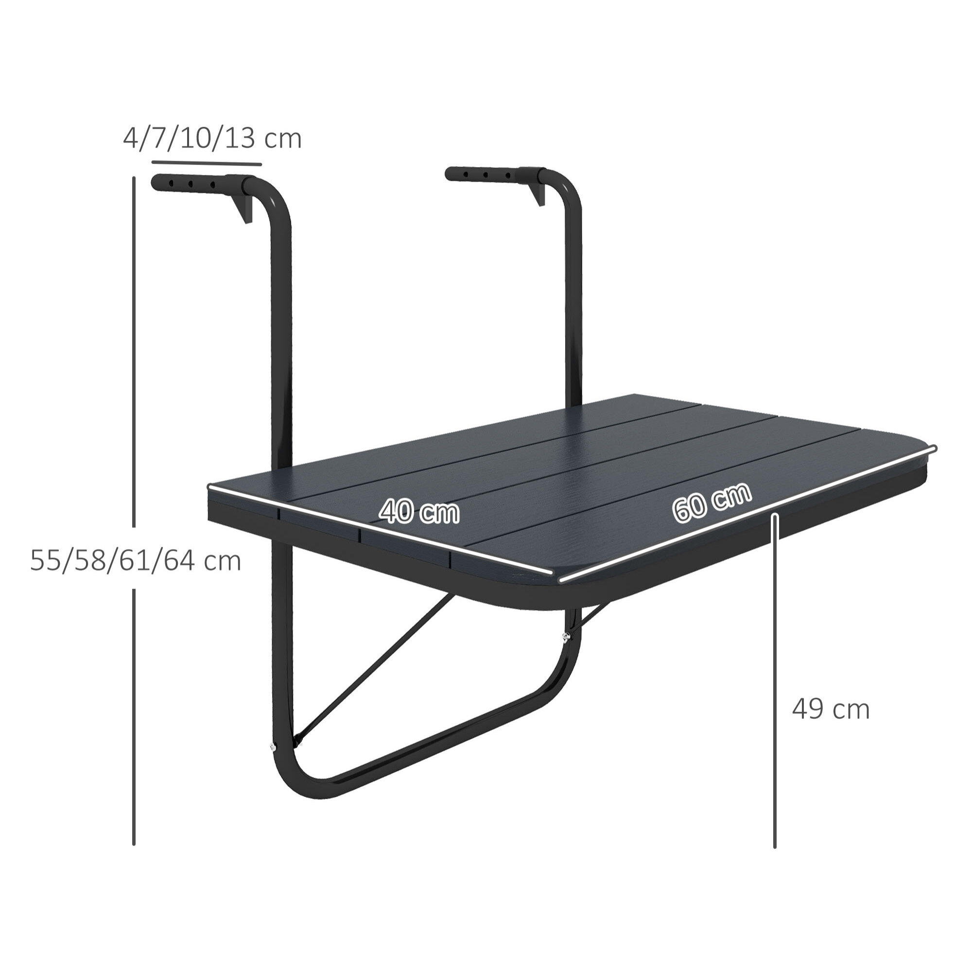 Mesa Colgante de Balcón, Mesa Plegable para Balcón de Aluminio para Barandilla, con Altura Ajustable en 4 Niveles, Adaptable a 4 Anchos, Carga 25 kg, para Jardín, 60x40x55-64 cm, Negro