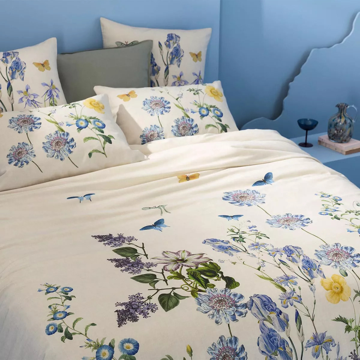 Taie d'oreiller lin & coton lavé 130 g/m² imprimé bleu jaune Iris d'ete naturel