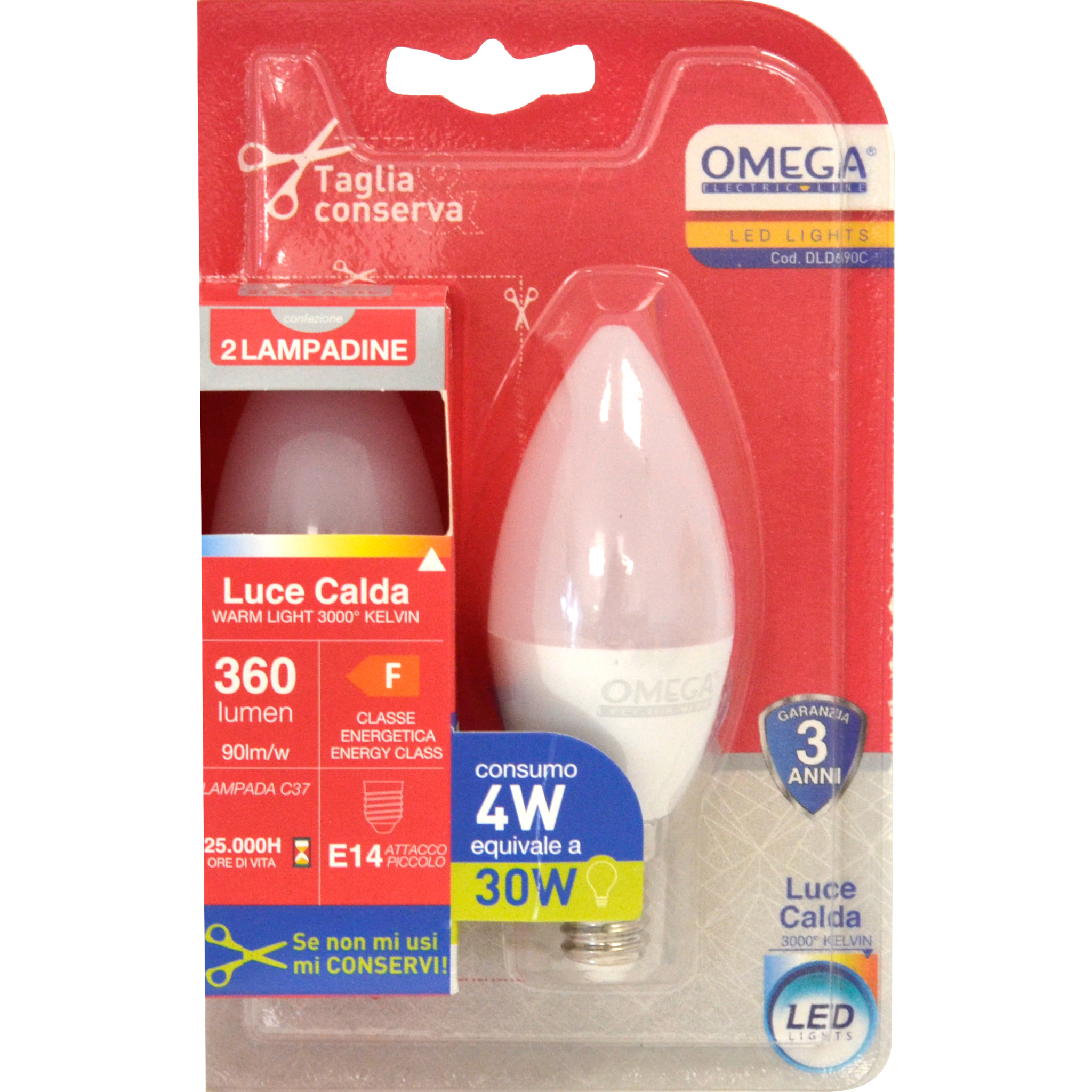 OMEGA Set 6 pezzi candela led c37 4w 3000k e14