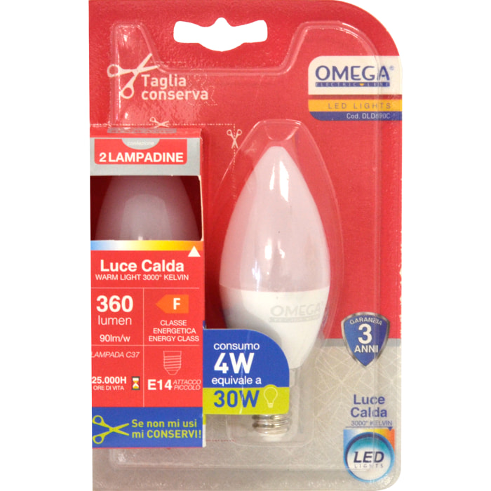 OMEGA Set 6 pezzi candela led c37 4w 3000k e14
