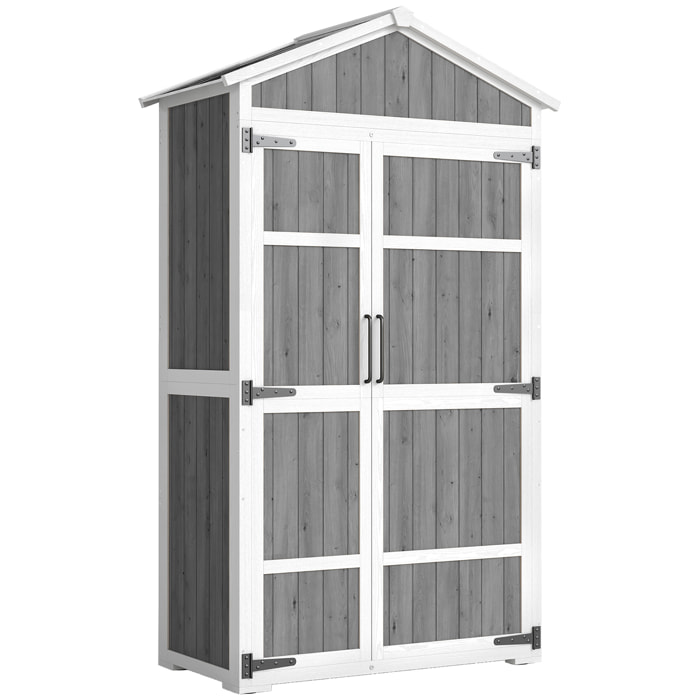 Armoire de jardin bois bicolore blanc gris toit double pente métal 4 étagères