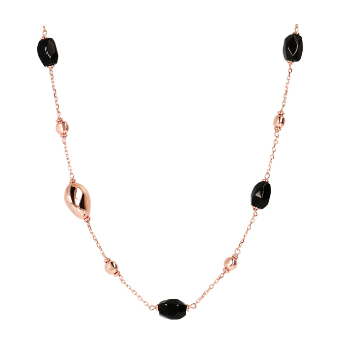 Collana Catena Rolo con Bead in Argento 925 placcato Oro 18kt e Pietra Naturale Sfaccettata Onice Nero