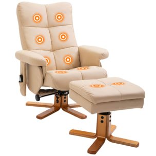 Sillón Relax Reclinable con Reposapiés Sillón de Masaje Eléctrico de PU con 10 Puntos de Masaje Función Reclinable Giratorio 360° Mando a Distancia Bolsillo Lateral para Salón Oficina Crema