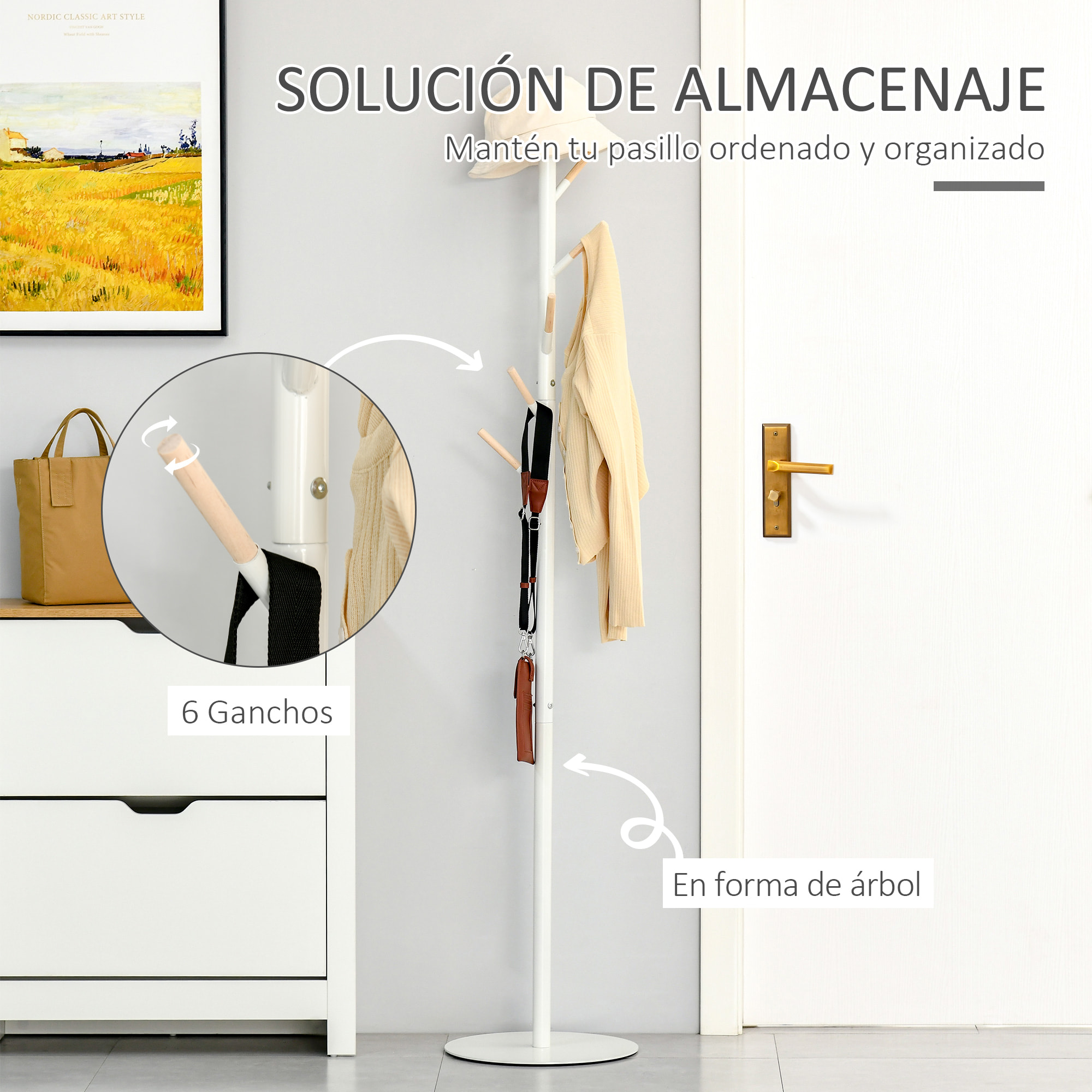 HOMCOM Perchero de Pie de Madera Perchero de Árbol con 6 Ganchos para Ropas Bolsas y Marco de Metal para Salón Entrada Dormitorio 35x35x174 cm Blanco