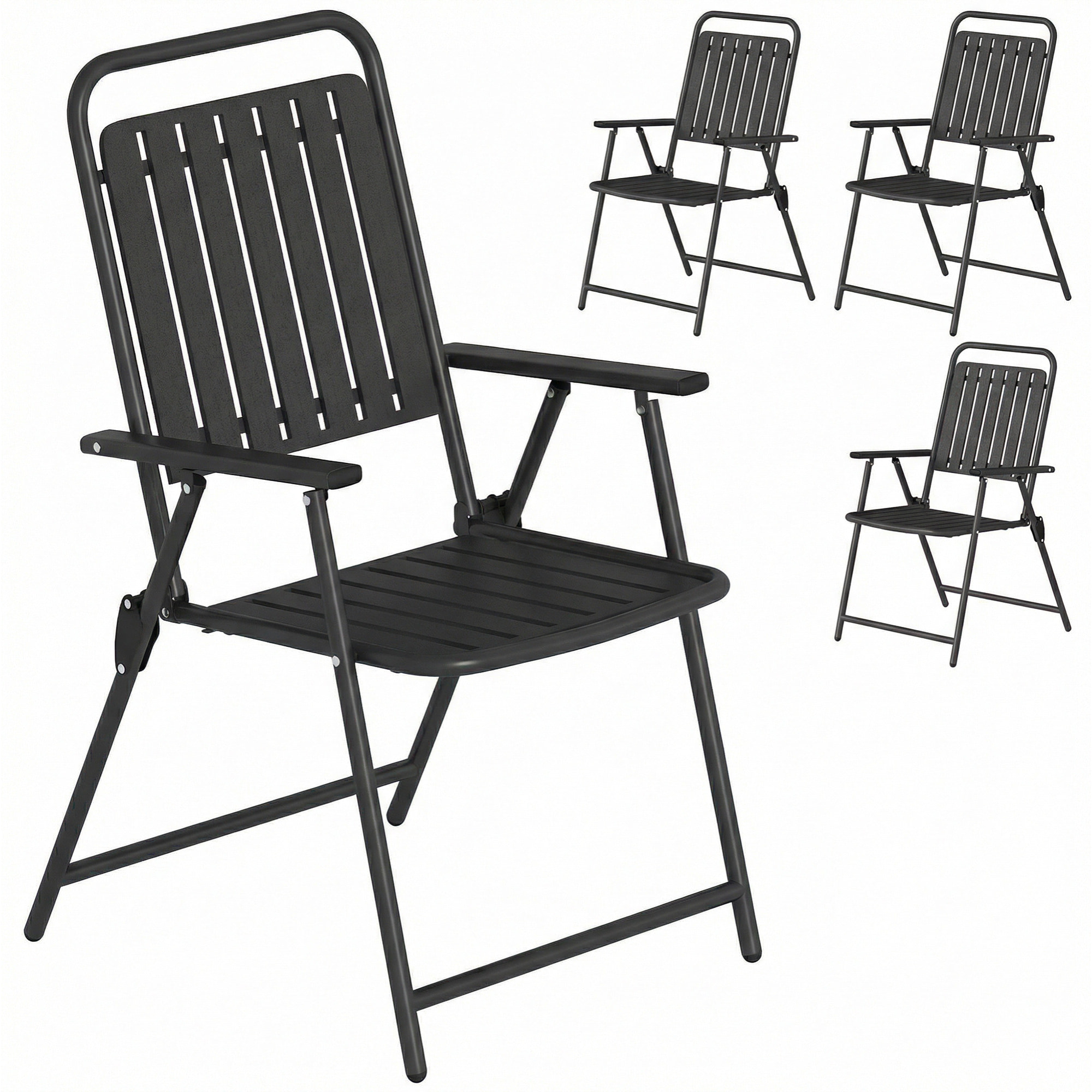 Juego de 4 Sillas de Jardín Exterior Plegables, Sillas Terraza Exterior con Reposabrazos, Respaldo y Asiento de PP, Marco Metálico, 55x63x93 cm, Negro