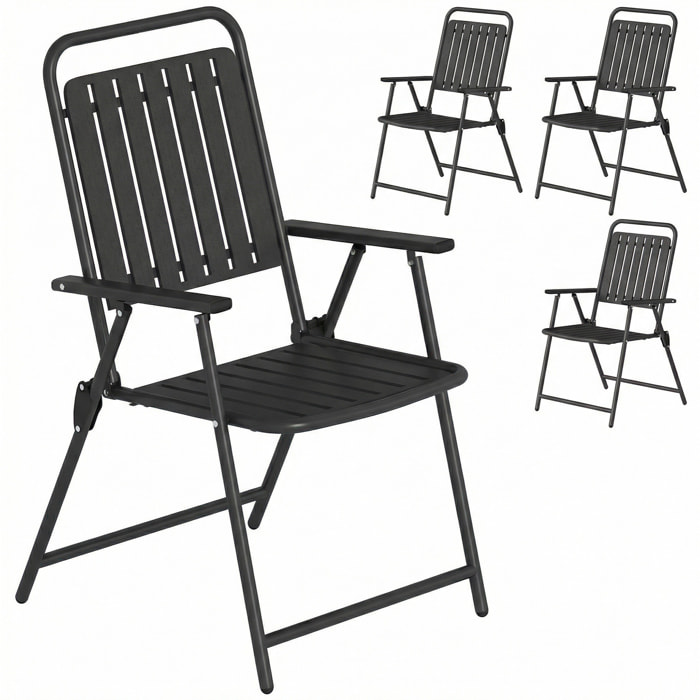Juego de 4 Sillas de Jardín Exterior Plegables, Sillas Terraza Exterior con Reposabrazos, Respaldo y Asiento de PP, Marco Metálico, 55x63x93 cm, Negro