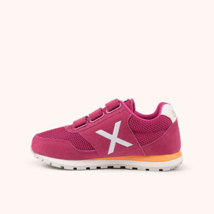 MUNICH DASH KID VCO 2.0 177 Zapatilla Retro Running Infantil Fucsia con Cierre de Velcro y Detalles Blancos y Naranjas