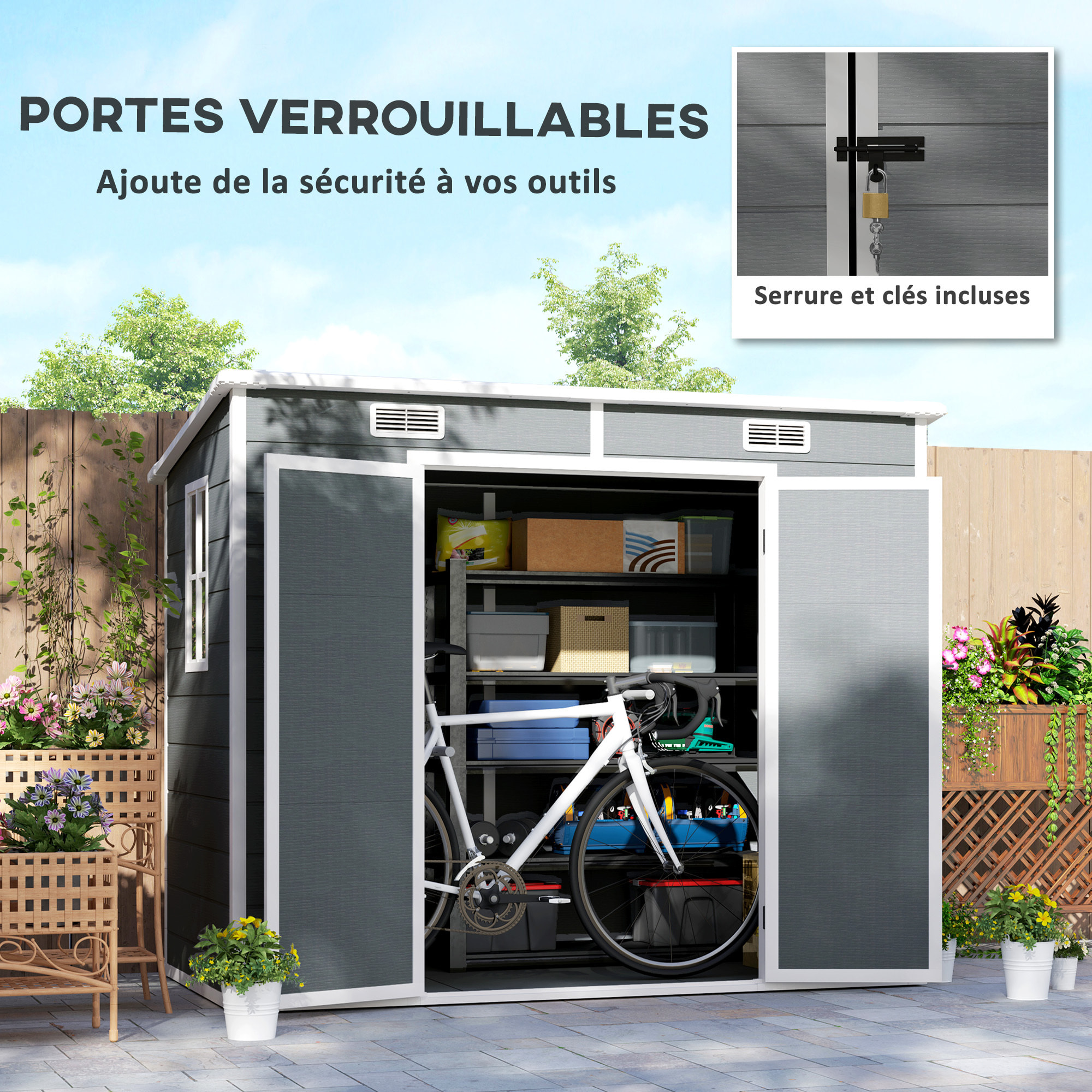 Abri de jardin 2,54 m² dim. 2,4 x 1,3 m - fondation incluse - fenêtre, 2 portes, aérations - alu PP gris blanc