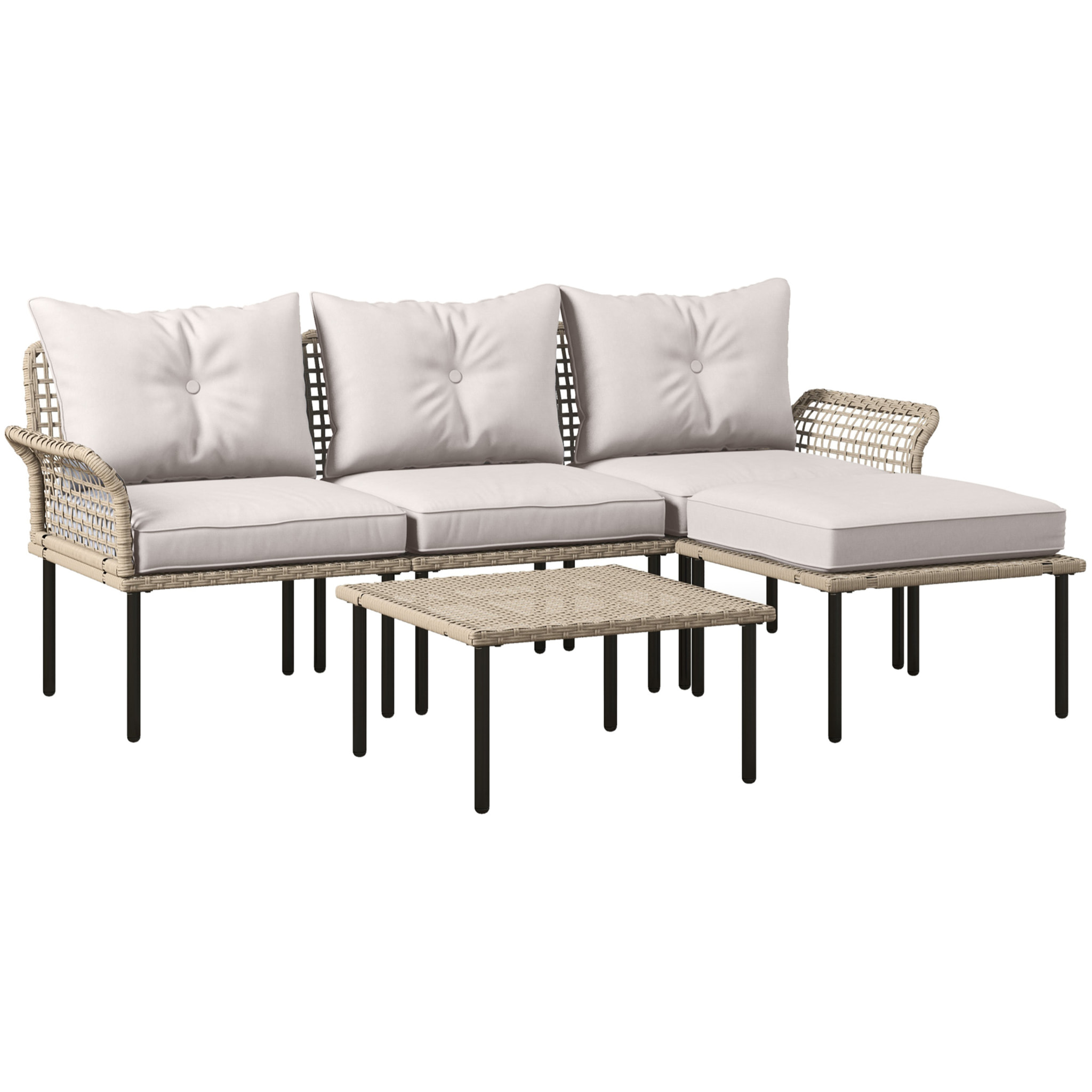 Conjunto de Jardín Exterior de Ratán Sintético de 5 Piezas Muebles de Jardín Exterior Incluye 2 Sofás Esquineras 1 Sofá de Exterior 1 Taburete 1 Mesa de Centro con Cojines Crema