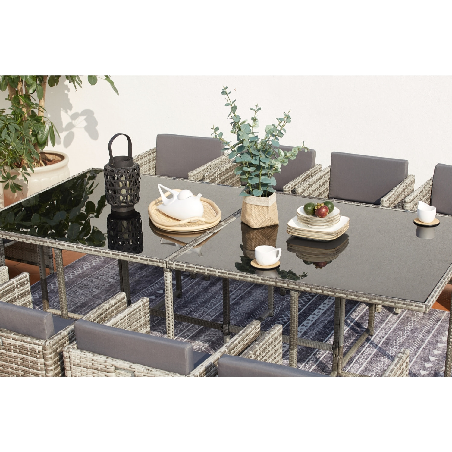 Salon de jardin encastrable 12 personnes en résine tressée gris REGINA