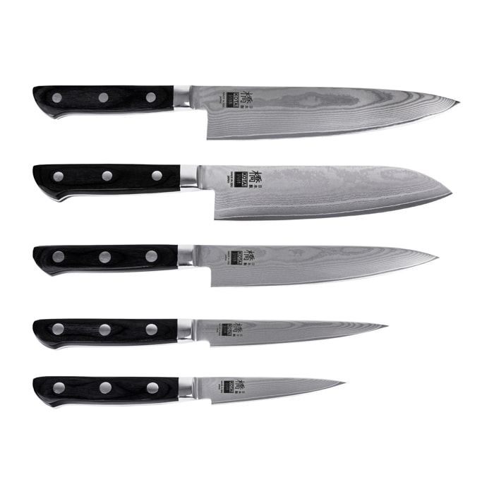 Set Hashi Damas Completo: 5 cuchillos (office 9cm + universal 12cm + petty 15cm + santoku 18cm + gyuto 21cm)