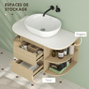 Meuble sous lavabo suspendu, meuble sous vasque, meuble salle de bain mural avec tiroirs à fermeture douce et étagères - dim. 90l x 45P x 46H cm, marron