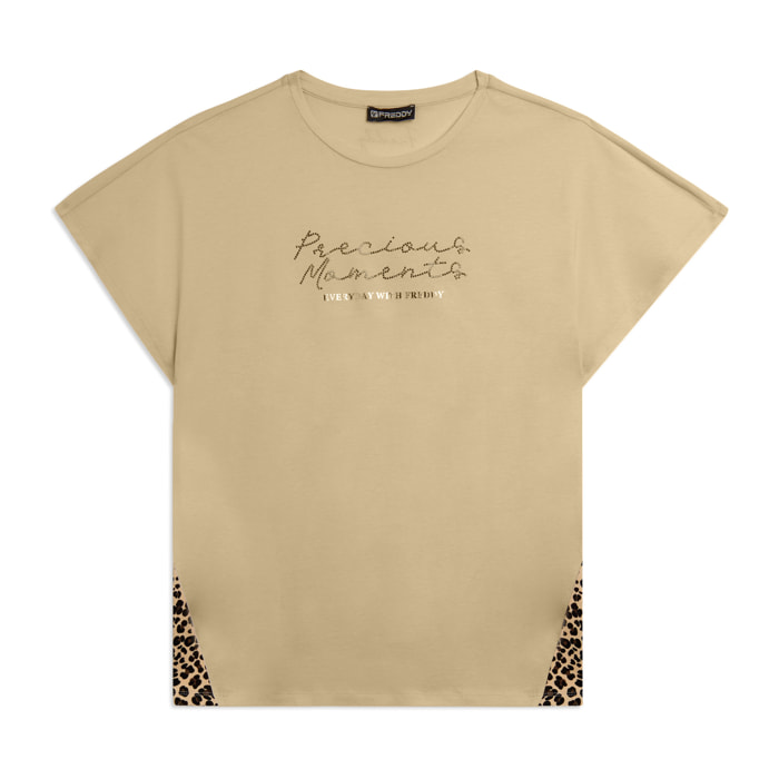 T-shirt Manica Corta con Inserti Animalier e Dettagli in Borchie