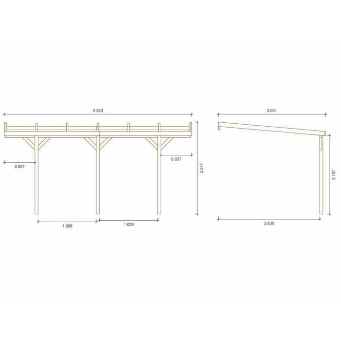 Carport adossé voiture '' Solar 2 '' - 15.30 m² - 3.00 x 5.24 x 2.19/2.57 m