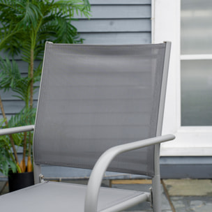 Ensemble de jardin 6 personnes chaises empilables table à manger dim. 150L x 90l x 72H cm plateau verre acier époxy textilène gris