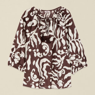 Oltre - Blusa in mussola di cotone fantasia - Marrone