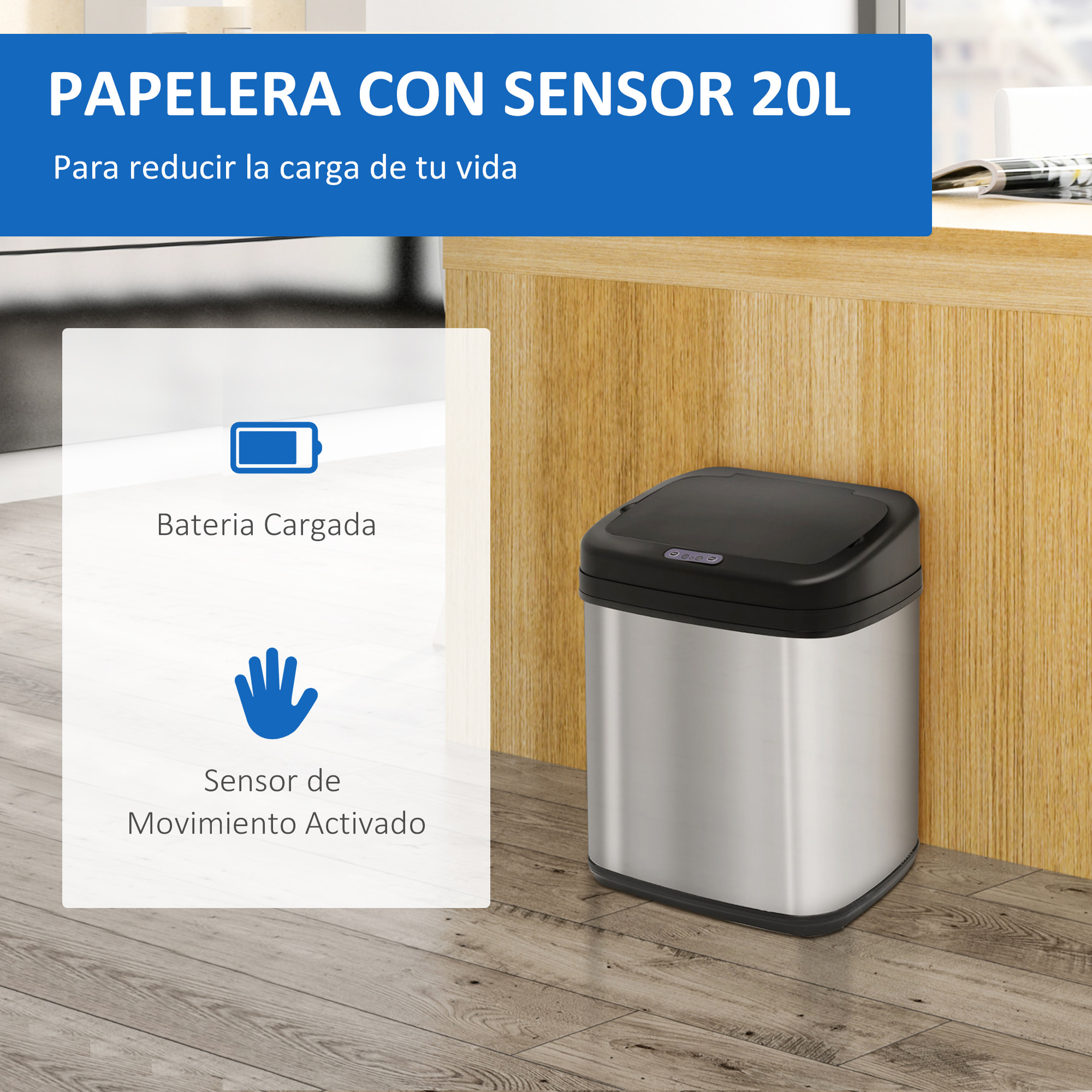 Cubo de Basura Automático 20L Papelera de Cocina de Acero Inoxidable con Sensor Infrarrojo Apertura Automática Cubo Interior Extraíble y Asa 33x25x42,5 cm Plata y Negro