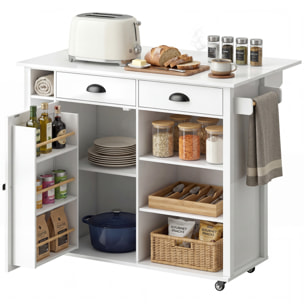 Isla de Cocina con Tablero Plegable y Ruedas, Mueble Auxiliar de Cocina con Especiero, Toallero, Armario, 2 Cajones, Estantes Abiertos, 117,5x70x91 cm, Blanco