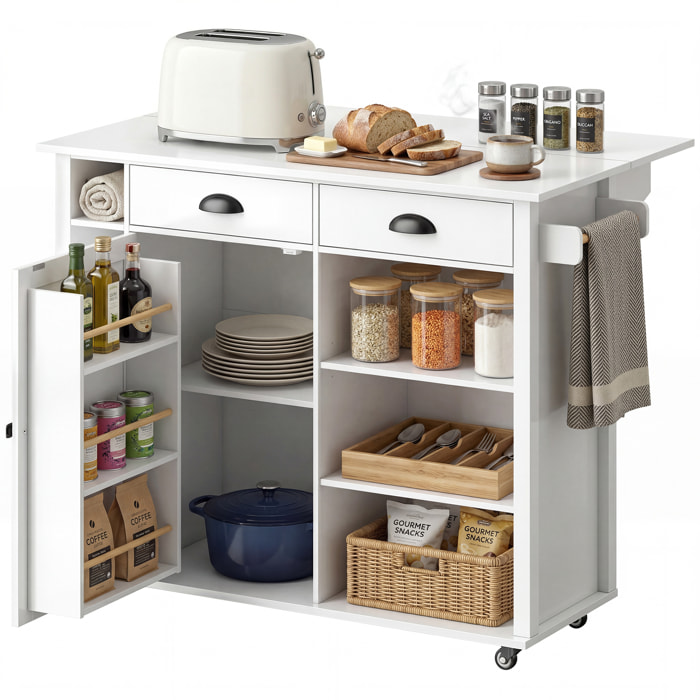 Isla de Cocina con Tablero Plegable y Ruedas, Mueble Auxiliar de Cocina con Especiero, Toallero, Armario, 2 Cajones, Estantes Abiertos, 117,5x70x91 cm, Blanco